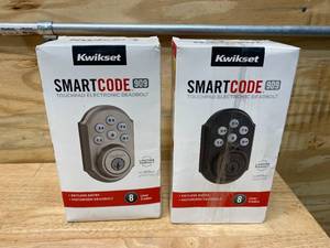 lot 62 image: KWIKSET Lot of 2-  SmartCode 909 Satin Cylinder Electronic Deadbolt Featuring SmartKey Security (Satin Nickel and Bronze)