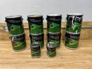 lot 72 image: CLARKKENSINGTON Lot of Satin Designer White Acrylic Latex Paint and Primer (8- 1 gal and 2- quarts)