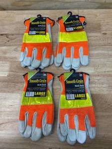 lot 59 image: IND Lot of 4 Pairs of-  Cowhide Orange Mesh Back W Reflect Strap Mens Gloves (2 pairs L and 2 pairs XL)