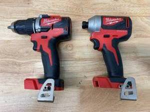 lot 110 image: MILWAUKEE M18 18-Volt Lithium-Ion Brushless Cordless 12 in. Compact DrillDriver with M18 18-Volt Lithium-Ion Brushless Cordless 14 in. Impact Driver (Tool Only)
