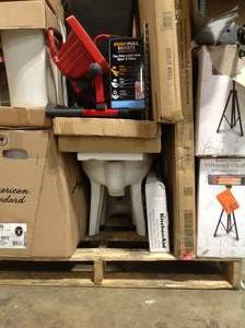 Pallet with general merchandise heaters, lighting, bathroom, tools -hardware and more customer returns not inspected open boxused customer returns see pictures