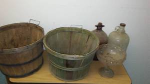 lot 213 image: Bushel Baskets and Gallon Jugs- Vintage.
