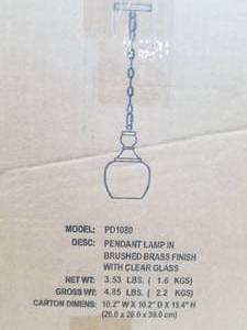 lot 81 image: Brushed Brass Pendant Lamp with Clear Glass (in original box)