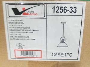 lot 95 image: Volume Lighting Brushed Nickel 1-Light LED Pendant with White Acrylic Diffuser (in original box)