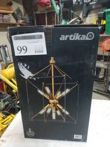 lot 99 image: Artika Clyde Aged BrassBlack Accents Pendant Light Fixture (in original box)