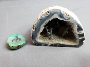 lot 120 image: Geode Cutout with Pewter Miners and Carved Rock