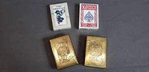 lot 121 image: Pair of Brass Playing Card Boxes and 2 Decks of Cards