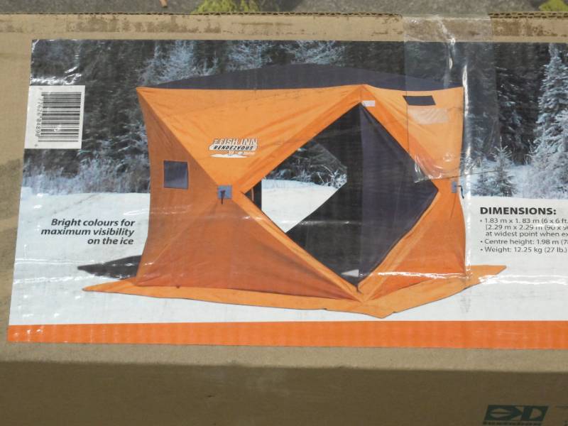 lot 353 image: Costco The Fish INN Rendezvous by Equinox Pop Up Ice Fishing Portable Shelter - OrangeBlack
