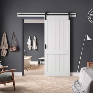 lot 319 image: OVE Decors Barn Door with Hardware Kit & Smooth Soft-Close - White w Black Hardware