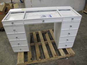 lot 352 image: Tresanti White Vanity - Missing Mirror and Table Top - 3 AC power ports, inside drawers for hair dryers & movable compartment drawers