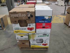 lot 367 image: Half Pallet of Empty Apple Crates  Constructed of Cardboard  30 Boxes with Handles  Boxes are in Great Shape