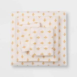 lot 369 image: NEW - Queen Size- Gold Floral Print Soft & Warm Flannel Sheet Set - Threshold