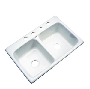 lot 384 image: Glacier Bay Newport Drop-In Acrylic 33 in. 4-Hole Double Bowl Kitchen Sink in White