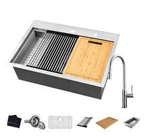 lot 388 image: Glacier Bay All-in-One 18 Gauge Stainless Steel 27 in. Single Bowl R0 Drop-In Workstation Kitchen Sink with Faucet and Accessories