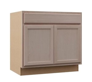 lot 393 image: Hampton Bay Hampton Unfinished Beech Recessed Panel Stock Assembled Sink Base Kitchen Cabinet (36 in. x 34.5 in. x 24 in.)