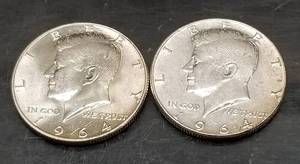 2 AU-UNC SILVER 1964 KENNEDY HALF DOLLARS