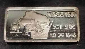 1 TROY OZ .999 FINE SILVER ART BAR WISCONSIN