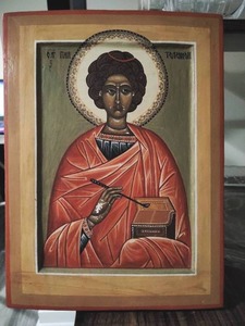 lot 120 image: Russian St. Pan Teleimon Palikh Icon Handmade Wall Art