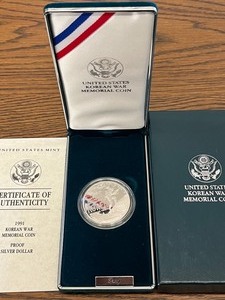 1991 U.S. Proof Korean War Commemorative Silver Dollar -- .77344 Troy-Oz Pure Silver
