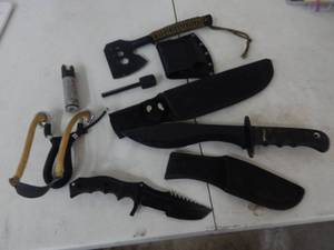 Survival Knives, Hatchet, Fire Starter, Sling Shot & Pepper Spray