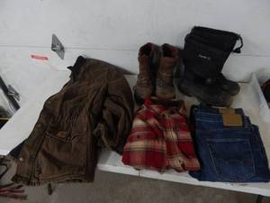 Carhart Jacket Size XL, Flannel Size L, Holster Jeans Size 34, 2-Pair Boots Size 11