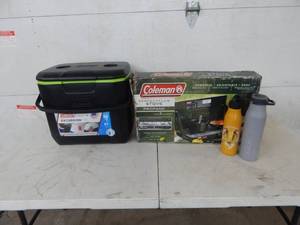 Coleman 30 Quart Cooler, Propane Camp Stove & 2-Water Bottles