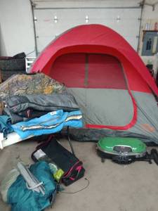 REI Sleeping Bag, Assorted Bags, Umbrella, 10x10 Coleman Tent, Coleman Camp Stove (Missing Parts And Bow Case Is Missing Foam