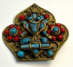 lot 62 image: Unique Vintage Old Tibetan Faience Buddha Brass Turquoise and Coral Brooch