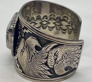 lot 99 image: Stunning Large Cuff Navajo Sterling and Turquoise Bracelet by F. Charley Kingman