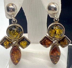 lot 102 image: Sterling and Amber Dangle Earrings- Poland