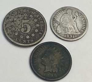 lot 141 image: Antique Coins 1891 Seated Liberty Dime, Five Cent Shield Coin & 1896 Indian Head Penny