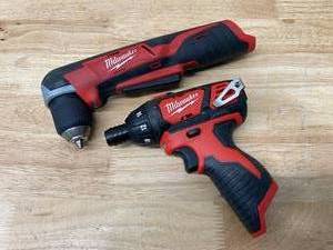 lot 23 image: MILWAUKEE M12 12-Volt Lithium-Ion Cordless 38 in. Right Angle Drill with M12 12-Volt Lithium-Ion Cordless 14 in. Hex Screwdriver (Tool Only)