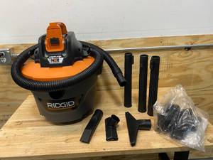 lot 24 image: RIDGID 9 Gal. 18-Volt Cordless WetDry Shop Vacuum (Tool Only) with Filter, Hose and Accessories