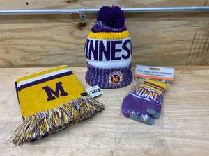 lot 75 image: MINNESOTA Winter Gear (winter hat, smartphone friendly gloves and scarf) (Vikings colors)