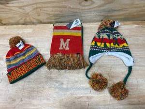 lot 79 image: MINNESOTA Winter Gear (2 winter hats and a scarf) (Wild colors)