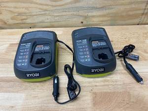 lot 108 image: RYOBI Lot of 2-  ONE 18V In-Vehicle Dual Chemistry Chargers for use with 12V DC Outlet