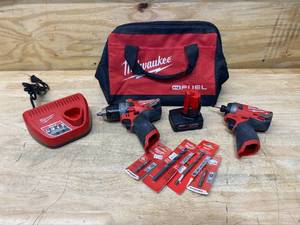 lot 103 image: MILWAUKEE M12 12 Hammer DrillDriver, 14 Impact Driver, Charger, 4Ah Battery, Tool Bag with Extras
