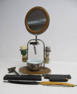 lot 16 image: Awesome Antique Gentlemans Shaving Stand wMirror Razors Brushes etc