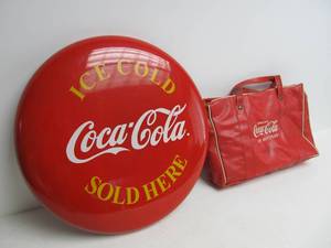 lot 30 image: 18 Metal COCA COLA Button Sign & Vintage Cooler Bag