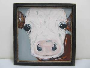 lot 126 image: Framed Signed Folk Art Oil on Board Cow Close-Up Painting