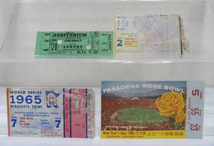 lot 140 image: 4 Vintage MN Sports Tickets - Including 1965 World Series & Rose Bowl