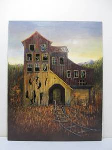 lot 143 image: Excellent Vintage Folk Art Painting - Train Tracks in Old Barn