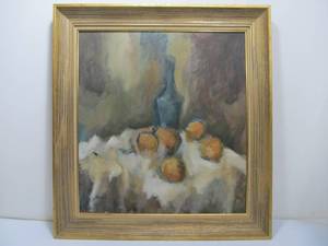lot 144 image: Framed Signed Mid Century Oil on Board Still Life Painting