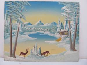 lot 145 image: Signed MN Artist JAKE OVERBEEK Oil on Board Folk art Painting