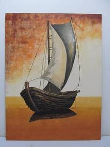 lot 146 image: Very Nice Vintage Folk Art Nautical Boat Sunset Painting
