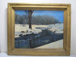 lot 183 image: Framed Signed Mid Century 1950s Oil on Canvas Board Winter Scene Landscape Painting