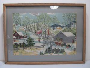 lot 231 image: Vintage Original Country Town Scene Folk Watercolor Art