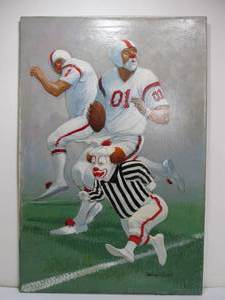 lot 254 image: Signed Original Oil on Canvas - Clowns Playing Football by Robert Owen