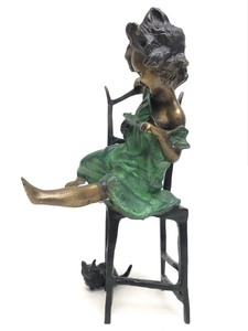 lot 5 image: Figural Bronze Sculpture - Girl Playing wCat - After Juan Clara