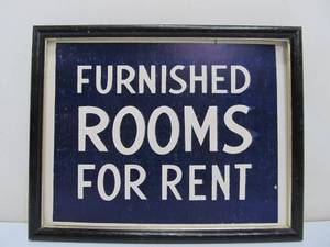 lot 299 image: Framed Orig Vintage 1940s era Cardboard Sign - Furnished Rooms For Rent